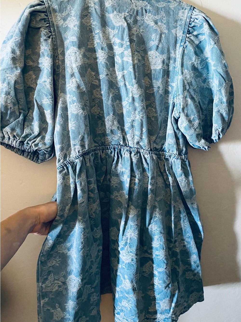 NWT Boutique Denim Floral print Dress w/ pockets Tie-Front Puff Sleeve Midi Dres - Picture 5 of 10